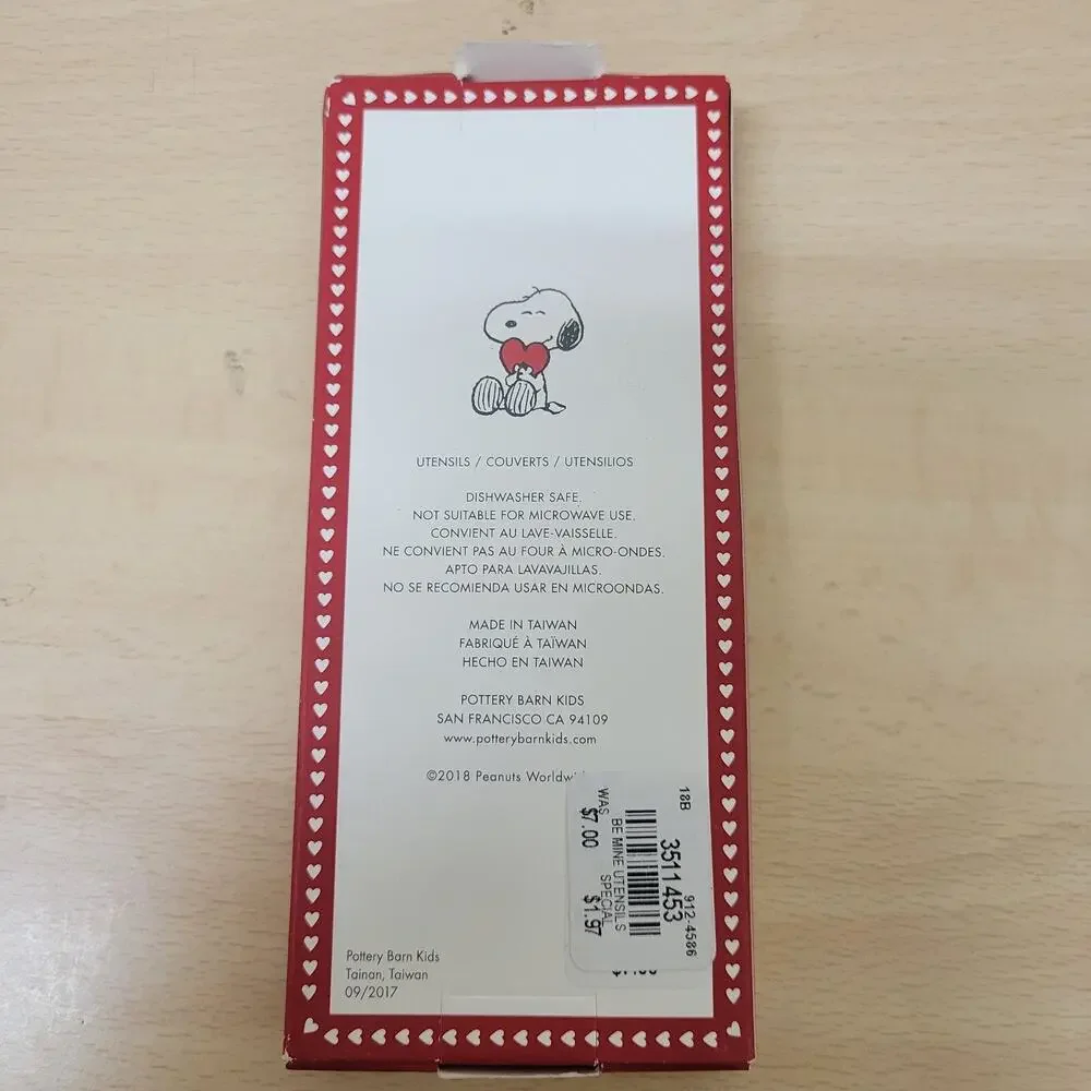 NEW POTTERY BARN KIDS UTENSILS PEANUTS SNOOPY RED BE MINE SPOON FORK FLATWARE
